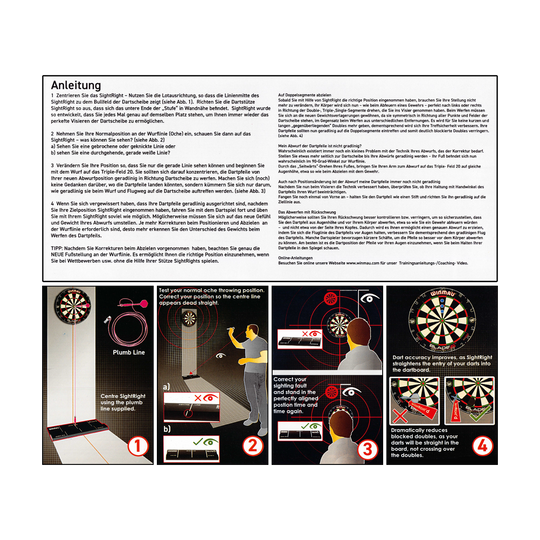 8207_Winmau_SightRight2_4 Das Bild zeigt die Anleitung und Anwendungshinweise für das Produkt "Winmau SightRight 2" zum Dartspielen. Es erklärt Schritt für Schritt, wie man seine Wurf-Position korrigiert, um eine genaue Ausrichtung auf das Dartboard zu erreichen.