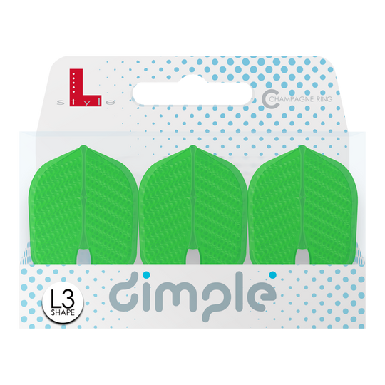 Die Abbildung zeigt eine Packung mit drei grünen Dart-Flights der Marke "L-Style" im L3PRO Dimple Shape. Die Verpackung ist weiß mit blauen Punkten und der Aufschrift "dimple".