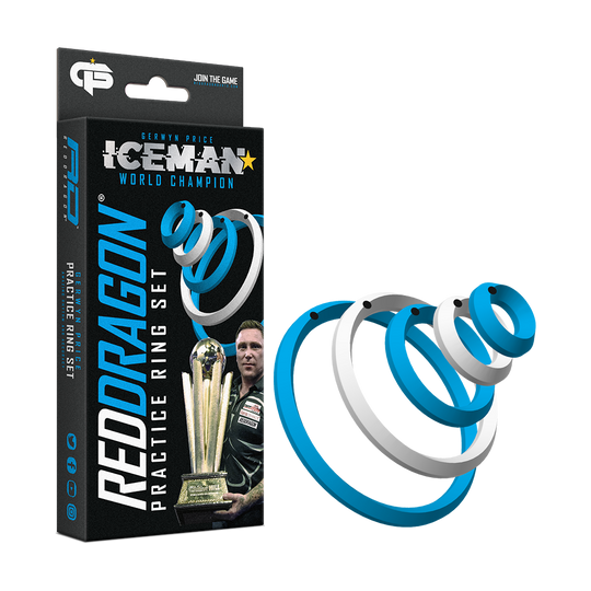 X0610_Red_Dragon_Gerwyn_Price_Practice_Rings_1 Das Bild zeigt die "Red Dragon Gerwyn Price Practice Rings" Verpackung zusammen mit den farbigen Trainingsringen. Auf der Verpackung ist auch ein Bild von Gerwyn Price und einer Trophäe zu sehen.