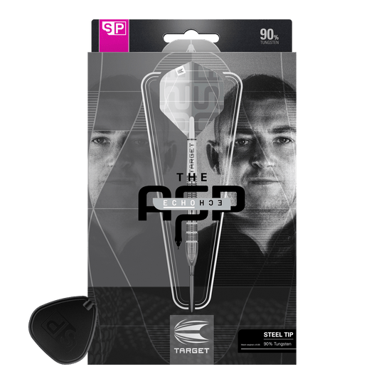 Ocelové šipky Target Nathan Aspinall X Echo Swiss Point Die Verpackung zeigt die Target Nathan Aspinall X Echo Swiss Point Steeldarts. Auf der Vorderseite sind ein Dartpfeil und das Porträt eines Mannes zu sehen.