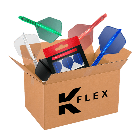McDart Mystery-Box - K-Flex Auf dem Bild ist die McDart Mystery-Box mit K-Flex-Zubehör zu sehen. Die Mystery-Box enthält verschiedene Überraschungsartikel für Dartspieler.