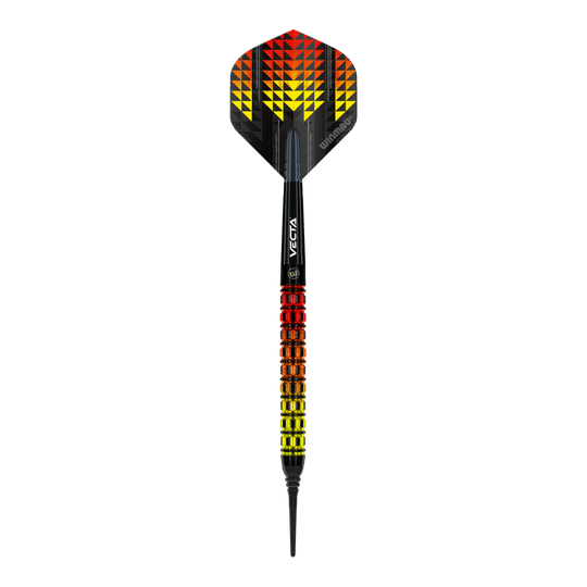 Fléchettes souples parallèles Winmau Firestorm Flame - 20 g Das Bild zeigt einen Winmau Firestorm Flame Parallel Softdart mit einem Gewicht von 20g. Der Dart hat ein auffälliges Design mit gelben, orangefarbenen und roten Flammenmustern.