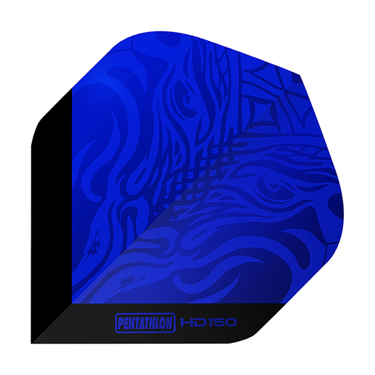 Pentathlon HD150 metalicky modré standardní letky Das Bild zeigt ein Dartflight in metallisch blau mit künstlerischem Muster. Unten steht der Schriftzug „PENTATHLON HD150“.