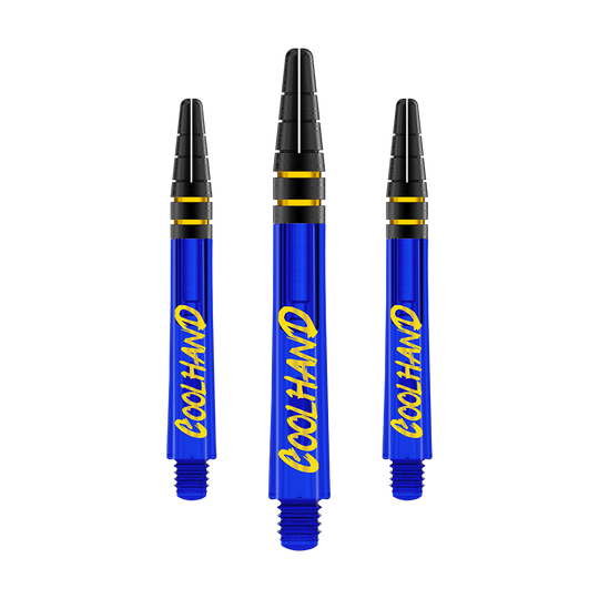Das Bild zeigt drei blaue Dartschäfte mit der gelben Aufschrift "COOLHAND". Die Schäfte haben schwarze und goldene Ringe am oberen Ende.