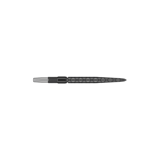 Target Swiss Diamond Pro Black Points dart tips Dies ist eine schwarze Dartspitze mit einem diamantförmigen Muster. Sie ist vorne spitz zulaufend und hat eine silberne Befestigung am hinteren Ende.