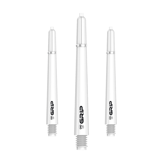 BS55059_Bulls_B-Grip-2_SL_Shafts_Weiss_48mm_1 Das Bild zeigt drei weiße Dart-Schäfte des Produkts "Bulls B-Grip-2 SL Shafts". Auf jedem Schaft ist das Logo sowie das Wort "GRIP" aufgedruckt.