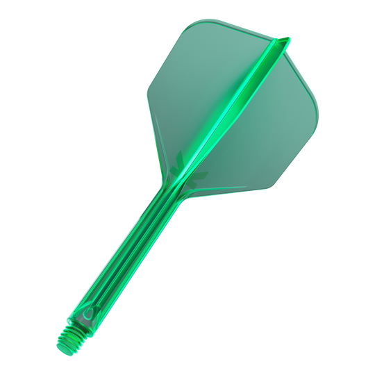 Letový systém Target K-Flex No6 - zelený Darts mit besonderer Flight-Länge sind zu sehen. Die Spitzen sind symmetrisch ausgerichtet.