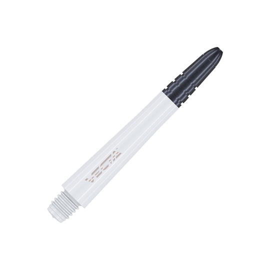 7025-202_Winmau_Vecta_Shafts_Weiss_40mm_2 Das Bild zeigt einen weißen Winmau Vecta Shaft für Darts. Der Schaft hat eine schwarze Spitze und den Schriftzug "Vecta" auf der Seite.