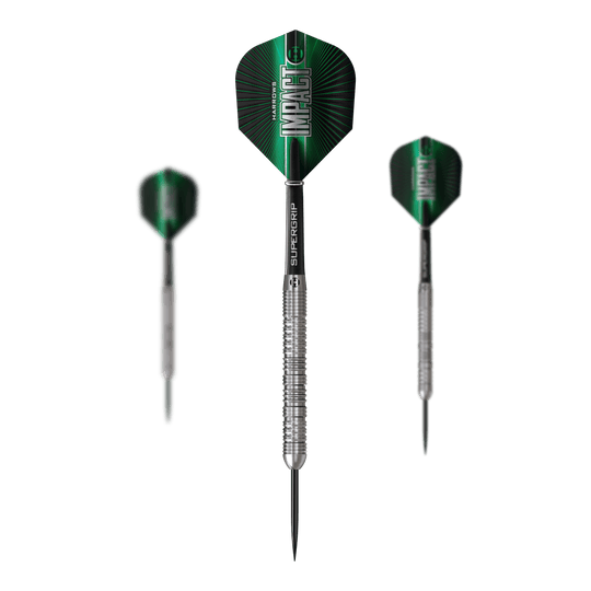 Fléchettes en acier Harrows Impact Dieses Bild präsentiert ein Set Harrows Impact Steeldarts. Das Set umfasst mehrere Darts für Steeldartspiele.