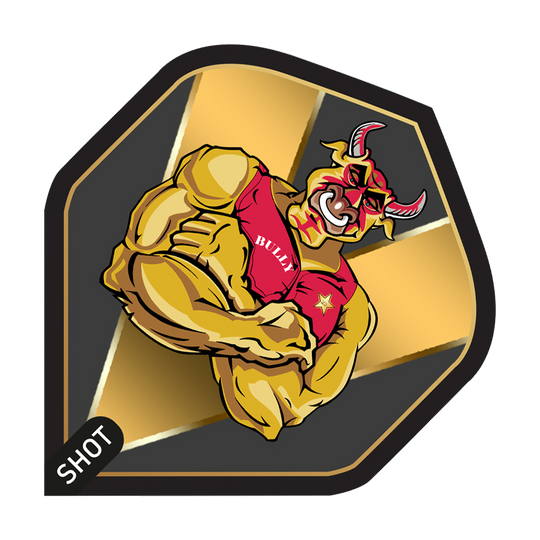 Zastřelil Michaela Smitha Bully Boye Zlatý standard letů Das Bild zeigt ein Dartflight-Design mit einem muskulösen Stier im roten Trikot, auf dem "BULLY" steht. Im Hintergrund sind goldene und schwarze Farbakzente sowie das Logo "SHOT" zu sehen.