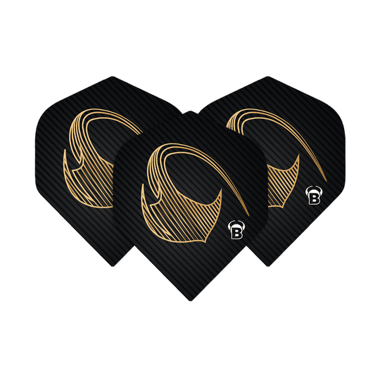Bulls Metrixx Stingray No2 Voli Standard Das Bild zeigt drei schwarze Dart-Flights mit einem goldenen Muster und dem Buchstaben "B" in der Ecke. Es handelt sich um die Bulls Metrixx Stingray No2 Standard Flights.