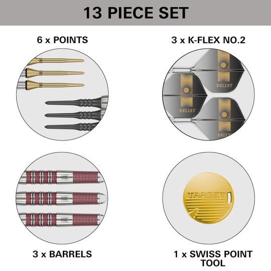 Dardos blandos Target Stephen Bunting 95K - 19 g Das Bild zeigt ein 13-teiliges Set des Produkts "Target Stephen Bunting 95K Softdarts - 19g". Enthalten sind 6 Spitzen, 3 K-Flex No.2 Flights, 3 Barrels und 1 Swiss Point Tool.