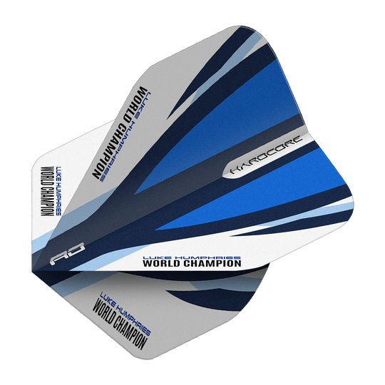Vols Standard Bleu Blanc Red Dragon Hardcore Luke Humphries Das Bild zeigt die Red Dragon Hardcore Luke Humphries Blue White Standard Flights. Die Dartflights haben ein blau-weißes Design und den Aufdruck "Luke Humphries World Champion".