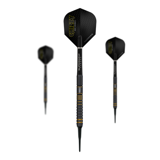Fléchettes souples Dave Chisnall Chizzy Series 3 de Harrow Das Bild zeigt drei Softdarts der Marke Harrows aus der Dave Chisnall Chizzy Series 3. Die Darts haben schwarze Flights mit gelber Aufschrift und schwarzen Schäften mit gelben Akzenten.