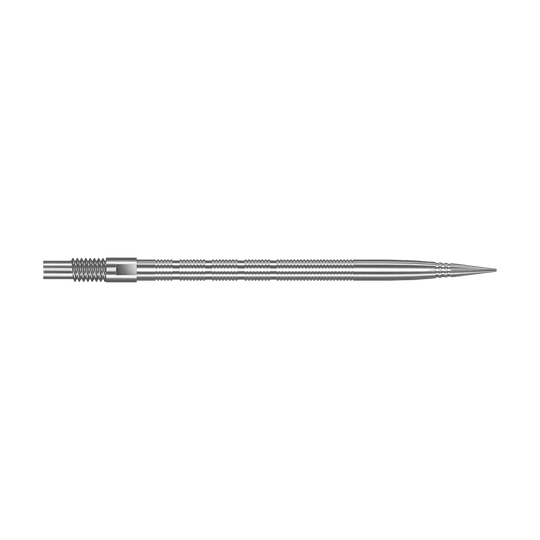 Abgebildet sind silberne Harrows Quick Point MicroRidge Dartspitzen mit einer Länge von 40 mm. Die Spitzen liegen nebeneinander auf dem Bild.