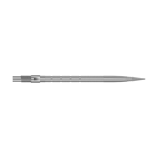Harrows Quick Point Micro Ridge Dartspitzen - Silber Abgebildet sind silberne Harrows Quick Point MicroRidge Dartspitzen mit einer Länge von 40 mm. Die Spitzen liegen nebeneinander auf dem Bild.