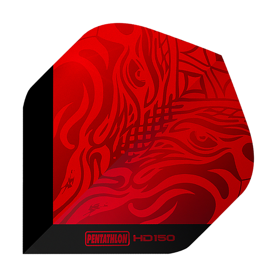 Pentathlon HD150 metalicky červené standardní letky Das Bild zeigt ein rotes Dartflight mit einem abstrakten Muster. Unten steht der Schriftzug „Pentathlon HD150“.