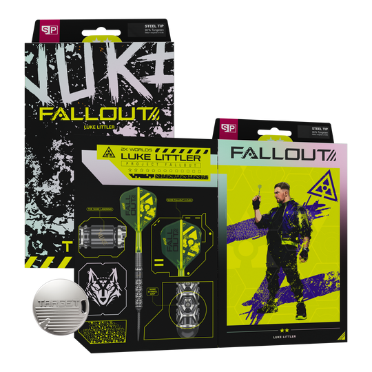 Target Luke Littler Nuke Fallout Swiss Points Steeldarts Das Bild zeigt die Target Luke Littler Nuke Fallout Swiss Points Steeldarts. Die Darts haben ein modernes Design und sind für präzises Spiel entwickelt.