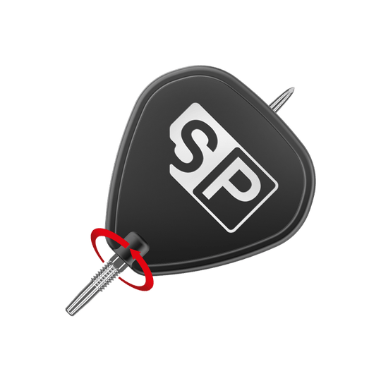 Puntas de dardos Target Swiss Point GRD Silver Das Bild zeigt eine silberne Dartspitze der Marke "Target Swiss Point GRD". Die Spitze ist an einem schwarzen Flightschutz mit den Buchstaben "SP" befestigt.