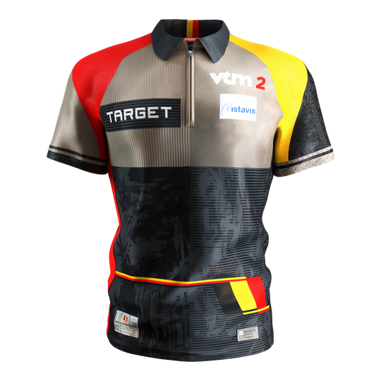 Maglia da freccette Target Coolplay Dimitri Van Den Bergh 2025 Das Bild zeigt das "Target Coolplay Dimitri Van Den Bergh 2025 Dartshirt". Das Shirt ist bunt gestaltet mit den Farben Schwarz, Rot, Gelb und Beige und trägt mehrere Sponsorenlogos.
