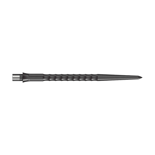 Caliburn System Steeldart Tips - Ripple - NoLip - Black Das Bild zeigt Steeldartspitzen des Caliburn Evo Systems in Schwarz, 40 mm lang. Zwei Spitzen sind sichtbar, die Oberfläche ist geriffelt ohne Lippe.