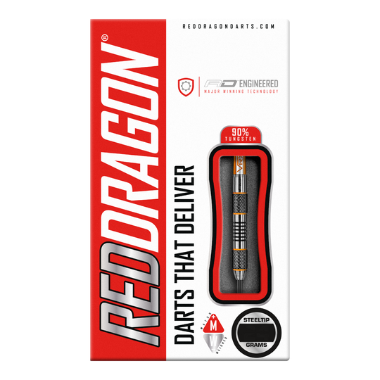 Red Dragon Amberjack 5 ocelových šipek - 24g Die Abbildung zeigt die Verpackung der "Red Dragon Amberjack 5 Steeldarts - 24g". Auf der Packung sind ein sichtbarer Dartpfeil und die Aufschrift "Darts That Deliver" zu sehen.