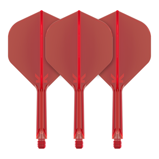 Target K-Flex No2 Standard Flight-System - Rot Auf dem Bild sind drei rote Dartflights mit integrierten Schäften zu sehen. Sie stehen nebeneinander in einer aufrechten Position.