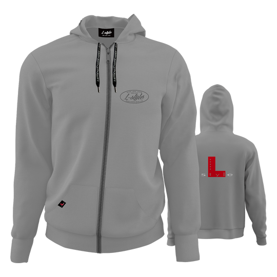 Mikina ve stylu L – šedá Der "L-Style Hoodie - Grau" ist ein grauer Kapuzenpullover mit Reißverschluss und schwarzem Kordelzug. Auf der Vorderseite befindet sich ein dezentes Logo, auf dem Rücken ein großes rotes "L" mit dem Schriftzug "style".