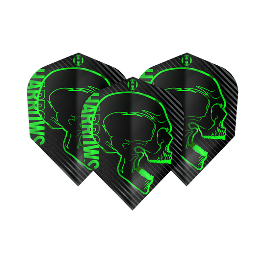 Lety do Harrows Rage Green č. 6 Ein Set der Harrows Rage Green No6 Flights ist auf dem Bild abgebildet. Die Form und Farbgestaltung sind auffällig.