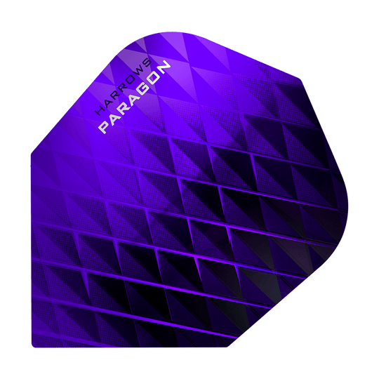 HR7603_Harrows_Paragon_Purple_No2_Standard_Flights_1 Das Bild zeigt ein Harrows Paragon Purple No2 Standard Flight für Dartpfeile. Das Flight ist in einem auffälligen lila Farbton mit geometrischem Muster gestaltet.