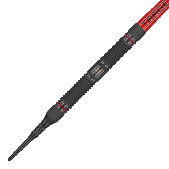 Target Scope 10 Softdarts Das Bild zeigt einen Target Scope 10 Softdart mit einem schwarzen, geriffelten Griff und roten Akzenten. Der Dart hat eine rote Fliege mit der Aufschrift "TARGET".