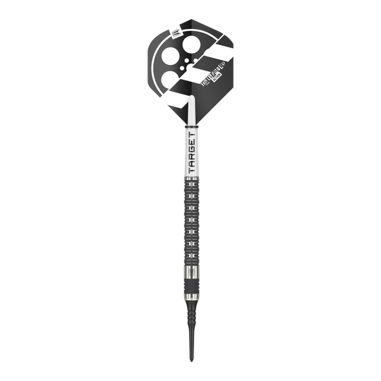 Target Chris Dobey Hollywood Action Softdarts - 20g Das Bild zeigt einen Target Chris Dobey Hollywood Action Softdart mit einem Gewicht von 20g. Der Dart hat ein schwarz-weißes Flight-Design, das an eine Filmklappe erinnert.