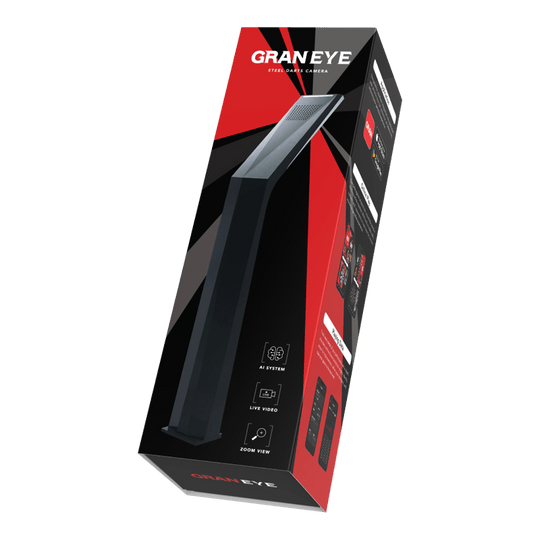 GranDarts Gran Eye GEN2 Steeldart automatyczny system punktacji Das Bild zeigt die Verpackung des Produkts "GranDarts GranEye Steeldart Auto-Scoring-System". Auf der Schachtel sind ein Bild des Geräts sowie Hinweise auf Funktionen wie KI-System, Live-Video und Zoom-Ansicht abgebildet.
