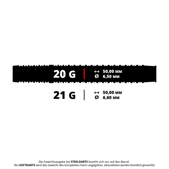 Harrows Siege Softdarts Das Bild zeigt zwei Gewichtsvarianten von Darts: 20 Gramm und 21 Gramm. Beide Varianten sind 50,00 mm lang, haben jedoch unterschiedliche Durchmesser von 6,50 mm bzw. 6,60 mm.