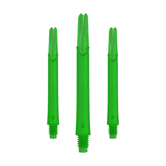 Arbres en L verrouillés droits - Verts Auf dem Bild sind drei grüne, gerade Dartschäfte zu sehen. Sie sind jeweils unten mit einem Gewinde versehen und stehen nebeneinander.