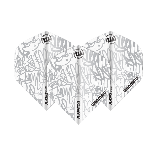 6900-243_Winmau_Mega_White_Standard_Flights_18xYx1XfGFhx3E Auf dem Bild sind drei Winmau Mega White Standard Flights zu sehen. Sie haben ein weißes Design mit grauen Graffiti-Mustern und dem Winmau-Logo.