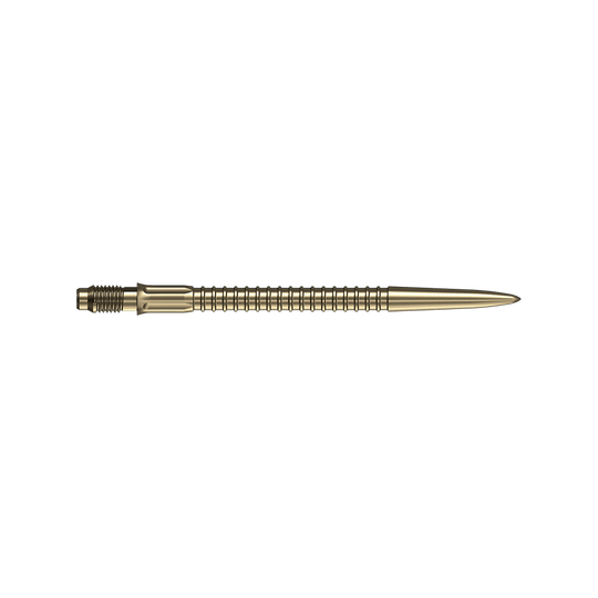 Mission R2.5 Rapid Point GV1 Dart Tips - Gold Mehrere goldene Dartspitzen mit einer Länge von 35mm sind dargestellt. Sie eignen sich als Ersatzteile für Dartfans.