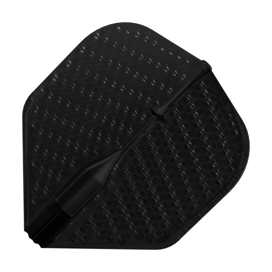 L-Style Flights Dimple Champagne L1EZ Standard Dieses Bild zeigt einen schwarzen Dartflight mit einer Dimple-Oberfläche. Das Flight hat eine polygonale Form und eine strukturierte Oberfläche für besseren Halt.