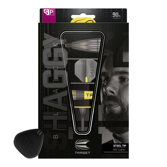 Dardos de acero Target Scott Williams Shaggy Black Swiss Point Das Bild zeigt die Verpackung der "Target Scott Williams Shaggy Black Swiss Point Steeldarts". Auf der Verpackung sind ein abgebildeter Dartpfeil sowie das Gesicht eines Mannes zu sehen.