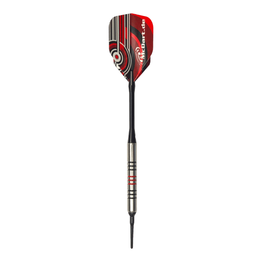 Dardos blandos McDart 85 Tungsten V11 - 17,5 g Dies ist ein McDart 85er Tungsten V11 Softdart mit einem Gewicht von 17,5g. Der Dart hat ein silbernes Barrel mit schwarzen und roten Ringen sowie ein rot-schwarzes Flight-Design.