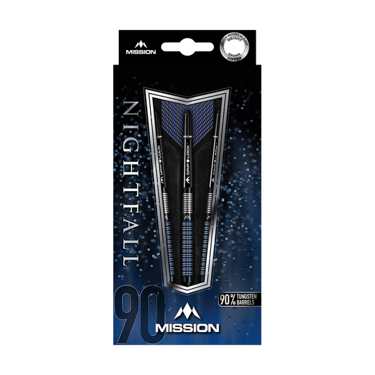 Mission Nightfall Model 1 Softdarts Das Bild zeigt die Verpackung der "Mission Nightfall Model 1 Softdarts". Die Darts bestehen zu 90 % aus Tungsten und sind auf einem dunkelblauen Hintergrund präsentiert.