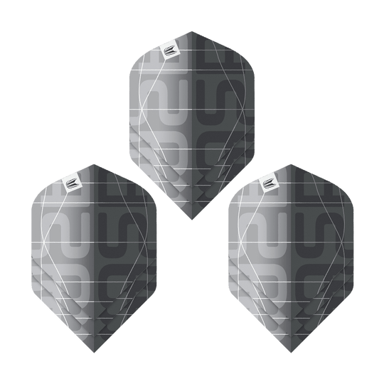 Volets standard Target Pro Ultra Aspinall X Echo No2 - 3 jeux Das Bild zeigt drei schwarze und graue Dartflights mit modernem Muster. Es handelt sich um das Produkt "Target Pro Ultra Aspinall X Echo No2 Standard Flights - 3 Sets".