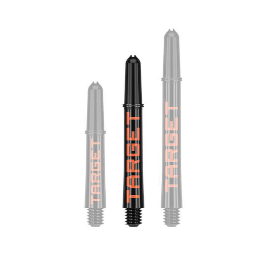 Tiges Target Pro Grip TAG - 3 jeux - Noir Orange Auf dem Bild sind drei schwarze Dartschäfte in unterschiedlicher Länge zu sehen. Auf jedem Schaft steht in orangefarbenen Buchstaben das Wort "TARGET".