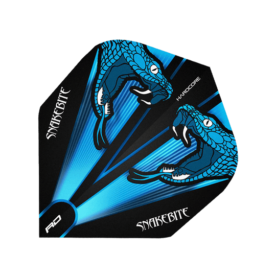 Peter-Wright-blue Das Bild zeigt ein Dartflight mit auffälligem blauen Schlangenmotiv und der Aufschrift "Snakebite". Das Produkt ist von RedDragon und gehört zur Peter Wright Serie.