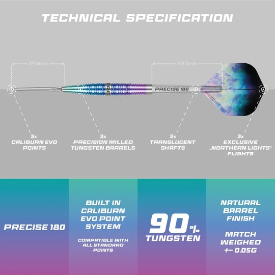 Dardos de acero Precise 180 Northern Lights Zu sehen sind die Precise 180 Northern Lights Steeldarts. Diese Steeldarts überzeugen durch hochwertige Verarbeitung.