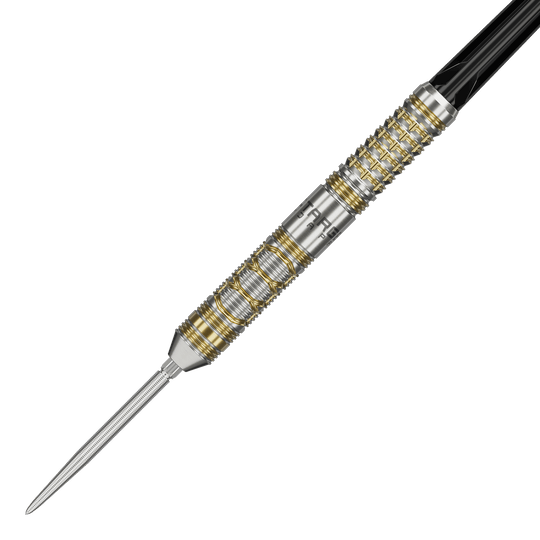 Dardos de acero Target Japan Black Marque Reyn GEN2 Das Bild zeigt einen eleganten Steeldart mit silbernen und goldenen Akzenten. Es handelt sich um das Produkt "Target Japan Black Marque Reyn GEN2 Steeldarts".