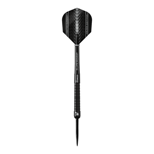 Harrows Supergrip Black-Edition Steeldarts Das Bild zeigt einen schwarzen Steeldart der Marke Harrows Supergrip Black-Edition. Der Dart hat ein elegantes, komplett schwarzes Design mit feinen silbernen Akzenten.