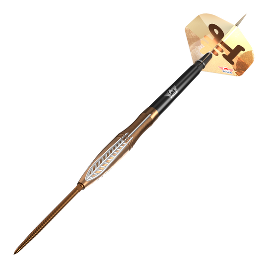 Šipky Bulls NL Bronzo Flux Convertible Point Steel Darts Zu sehen sind Bulls NL Bronzo Flux Convertible Point Steeldarts. Die Darts sind in Metallfarben gehalten.