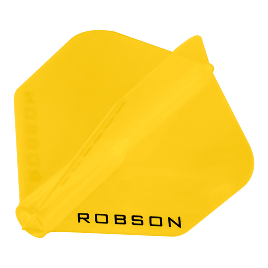 Robson Plus No6 Flights Das Bild zeigt ein gelbes Dart-Flight mit der Aufschrift "ROBSON". Das Flight hat eine klassische No6-Form und besteht aus Kunststoff.