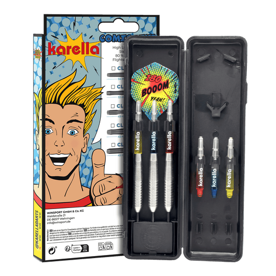 Dardos de acero Karella Comic Line CL-4 - 23 g Abgebildet sind die Karella Comic Line CL-4 Steeldarts - 23g. Die Darts haben ein modernes Design und eine spezielle Gewichtsverteilung.